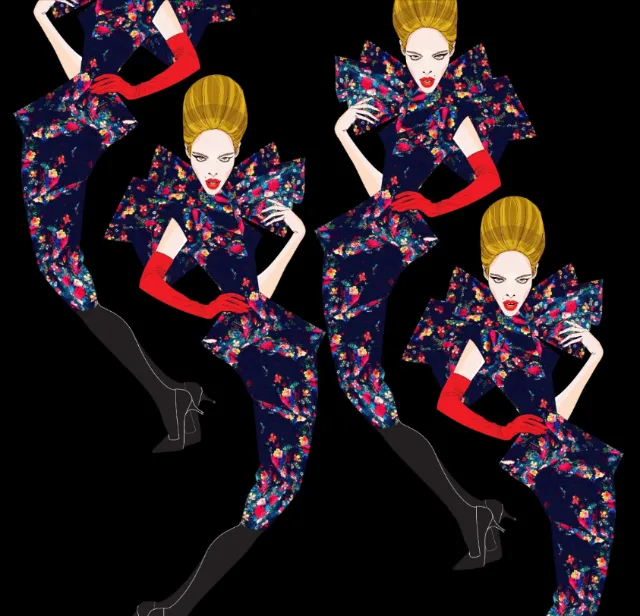 Fashion illustration of figures in floral outfits and red gloves by Yordanka Poleganova