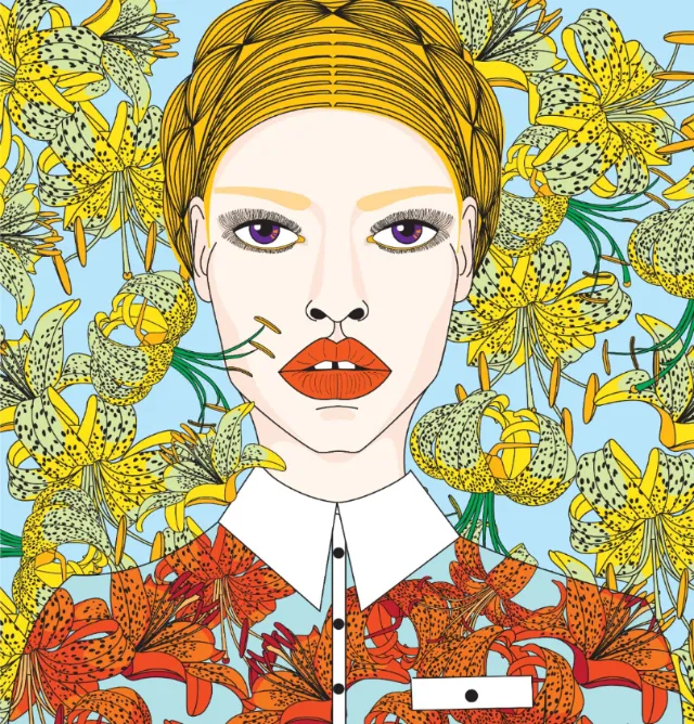 Illustration of a woman with braided hair and colorful flowers by Yordanka Poleganova