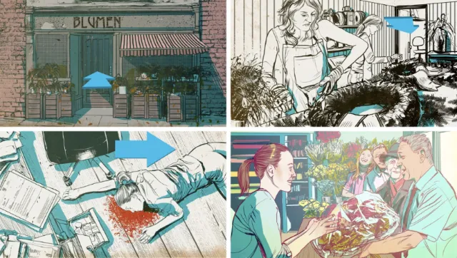 Dramatic comic-style illustrations with suspenseful scenes by POW!!!