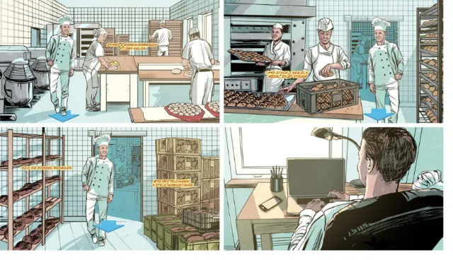 Baking scenes in a commercial kitchen and man working on computer by POW!!!