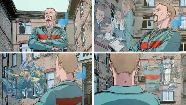 Man in striped sweater reflecting in prison cell scenes by POW