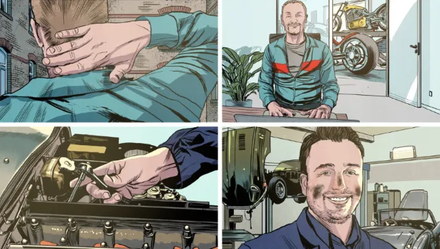 Man repairing a vintage car engine by artist POW
