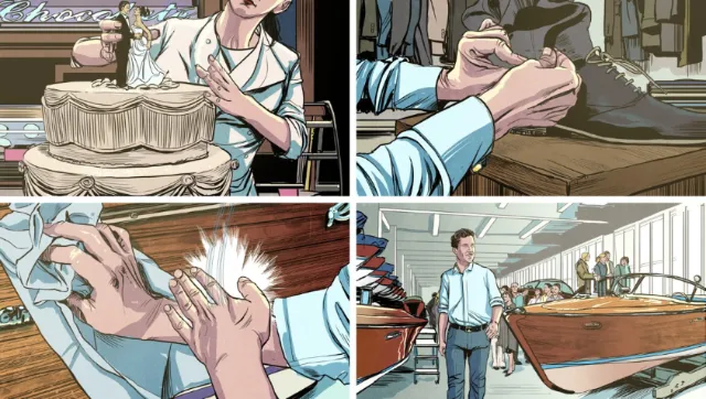 Comic panels showing shoe repair steps and a man in a workshop by POW!!!