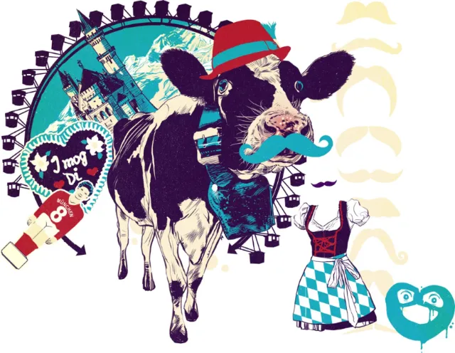 Cow wearing Bavarian hat and blue mustache with Ferris wheel background by POW!!!