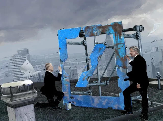 Two businessmen in suits working on a large blue machine on a rooftop, POW!!!