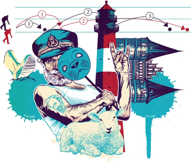 Illustration by POW showing a captain with bowling ball, lighthouse, and sheep