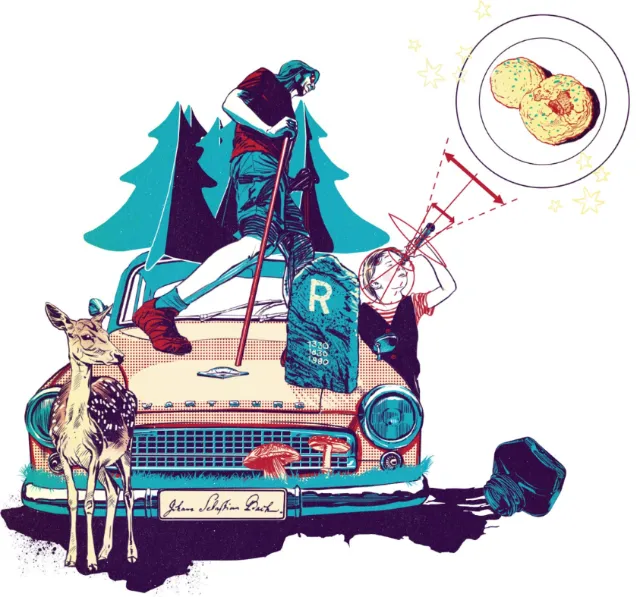 Illustration of person on stilts on a car with a deer and a thought bubble by POW!!!