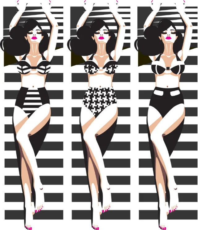 Three women in black and white swimwear lying on striped towels by Yordanka Poleganova