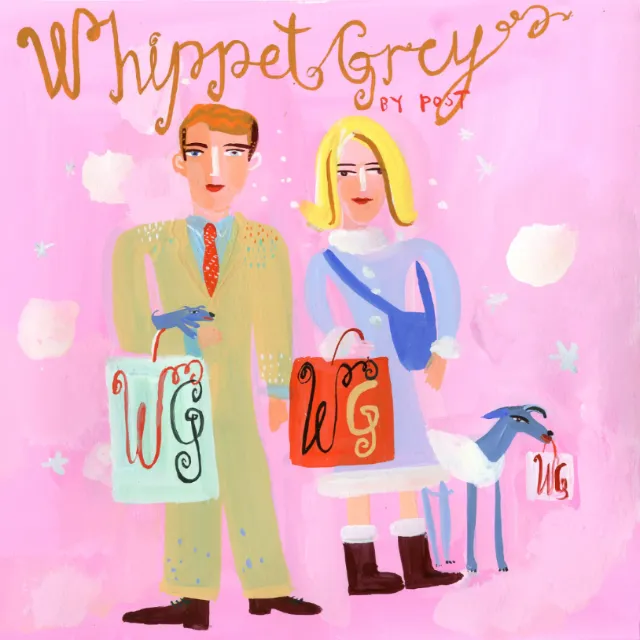 Whippet Grey brochure couple lettering illustration