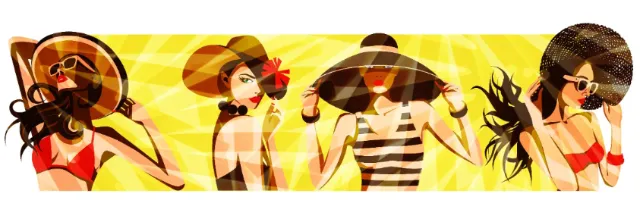 Stylized illustration of four women wearing summer hats by Yordanka Poleganova
