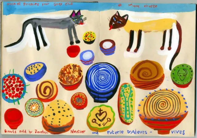 Illustration of French pottery & cats