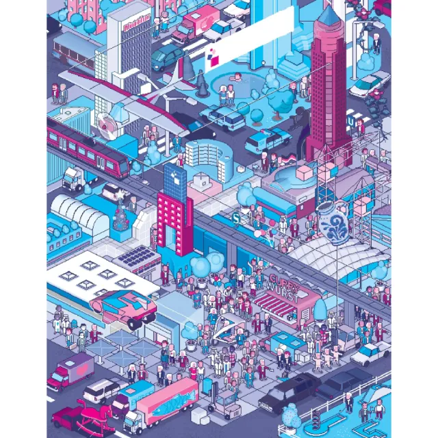 Isometric cityscape illustration by Tobias Wandres showing urban buildings and crowds