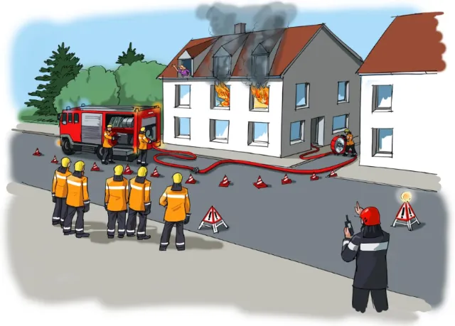 Firefighters extinguishing house fire with smoke and flames, illustration by Björn von Schlippe