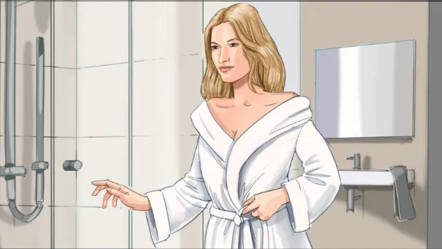 Woman in white bathrobe standing in bathroom by mirror, artwork by Björn von Schlippe
