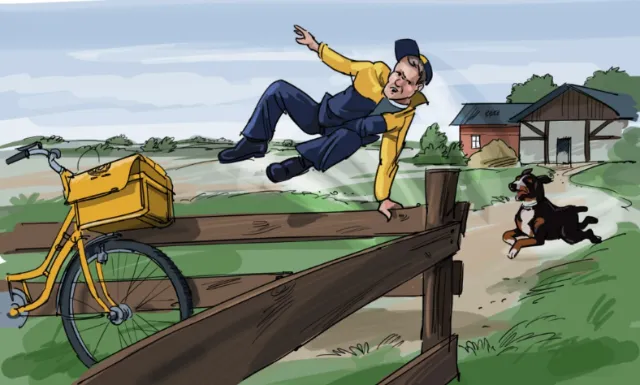 Man falling near fence by yellow bike and dog by Björn von Schlippe