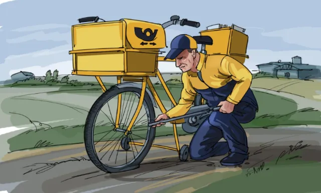 Postal worker repairing bicycle tire on rural road by Björn von Schlippe