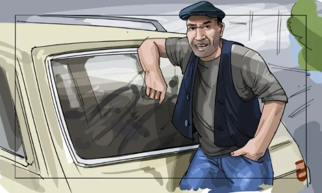 Man leaning on beige vintage car with casual clothes by Björn von Schlippe