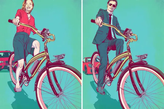 A woman and a man riding vintage bicycles, illustration by POW!!!