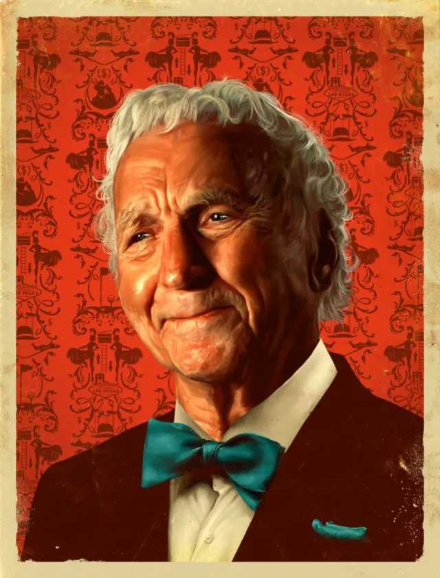 Portrait of elderly man with white hair wearing teal bow tie by POW!!!