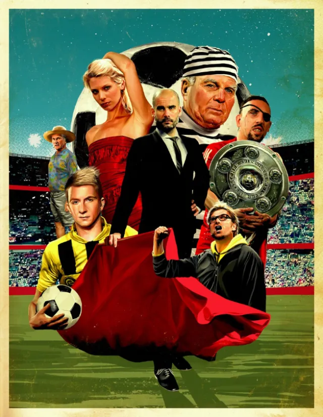 Soccer players, man with trophy, and matador in stadium by POW!!!
