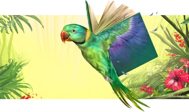 Green parrot flying with open book in tropical setting by POW!!!