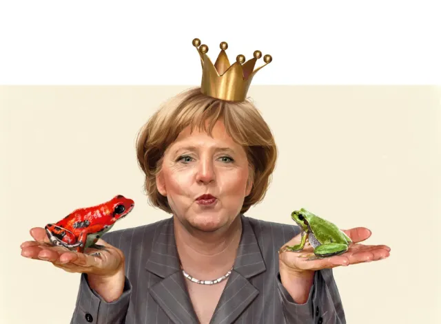 Woman wearing crown holding red and green frogs, artwork by POW!!!