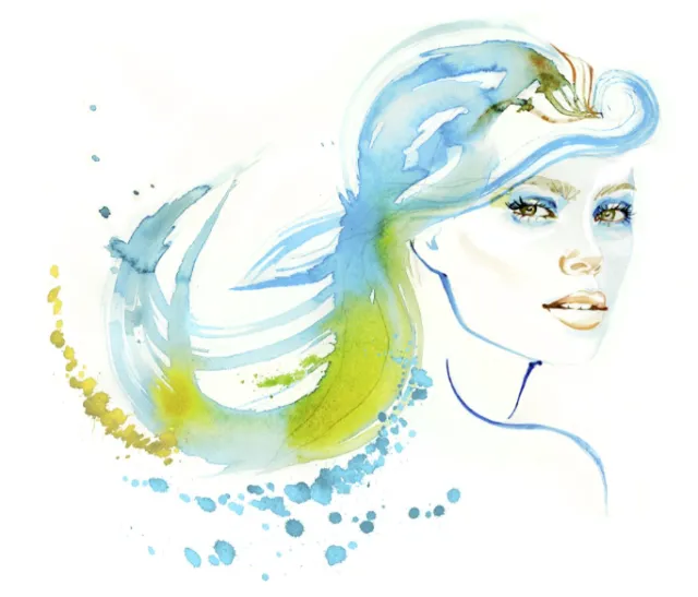 watercolor illustration of a lady with blue hair