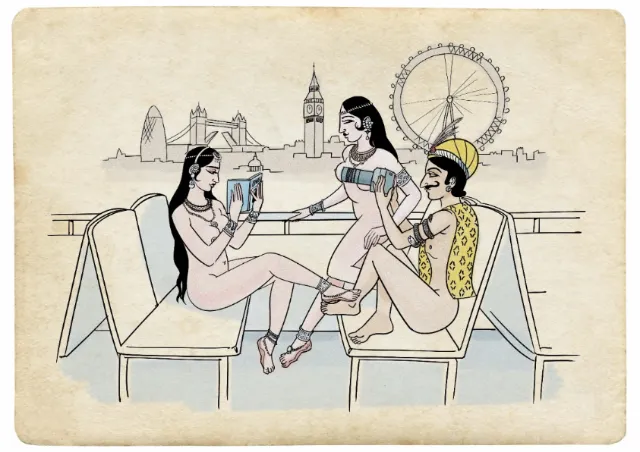 Illustration of three women drinking with London skyline, by Björn von Schlippe