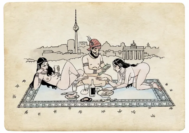 Picnic scene with three people and Berlin skyline by Björn von Schlippe