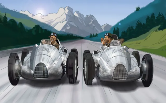 Two vintage silver racing cars driving on road with snowy mountains, artwork by Björn von Schlippe