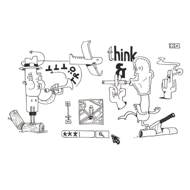 Abstract drawing with humanoid figures and symbols by Sebastian Iwohn