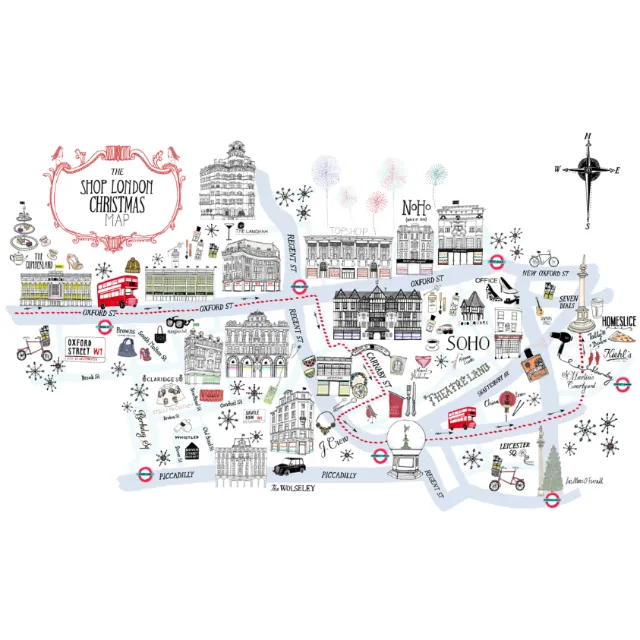 Christmas shopping map of London featuring famous landmarks by Zoë More OFerrall