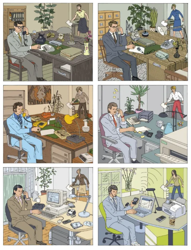 Six illustrated office scenes depicting men working at desks with varying technology by Klaus Meinha