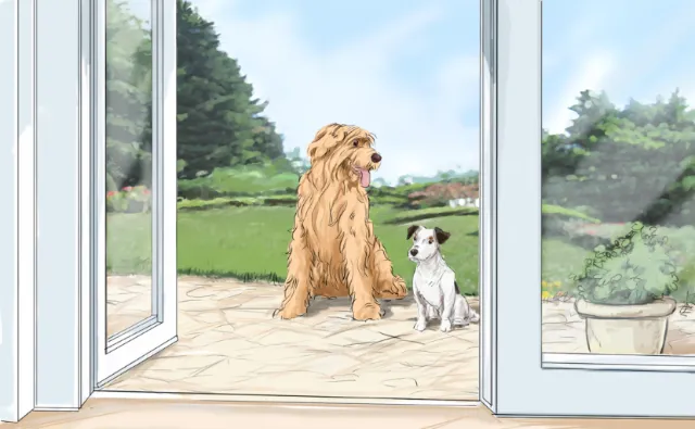 Big brown dog and white and black small dog sitting in the garden