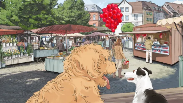 illustration of golden retriever in a street market