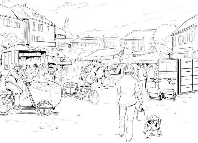 line drawing of street with people all around