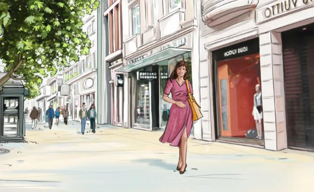 Girl with pink frock walking on the road, buildings in the background