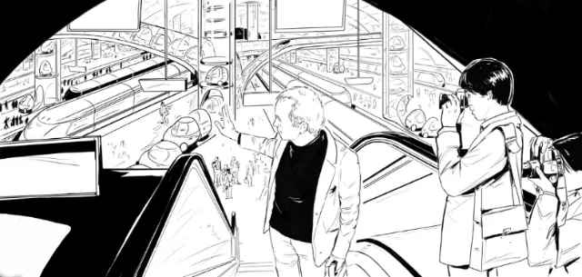 line art of people standing on the road, man with white and black dress