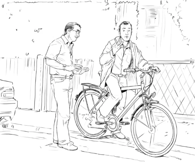 people on the road, man sitting on cycle