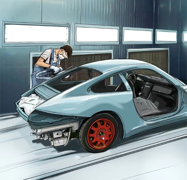 man repairing a blur car in the garrage