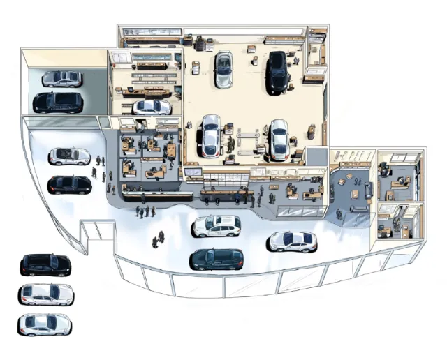 cars from top view, parking space with vechicles around