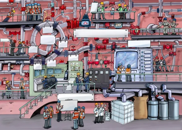 technical view of city with buildings and big screens