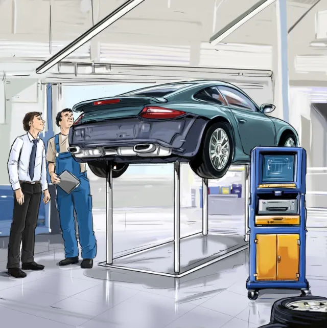 two people in the garrage checking car