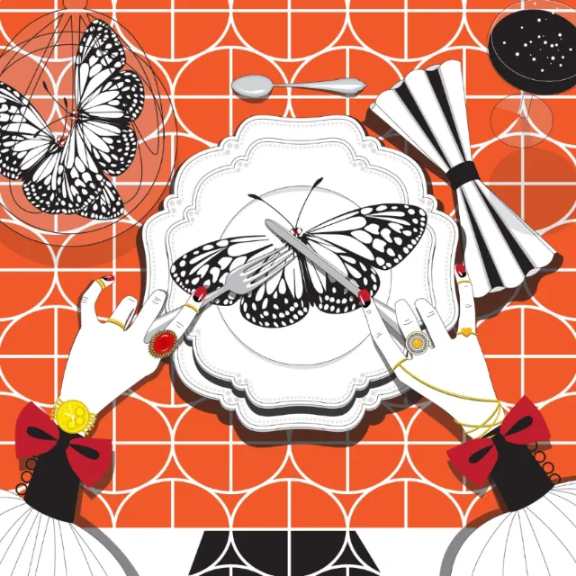 Butterfly on a plate cutlery in hands on orange background by Yordanka Poleganova