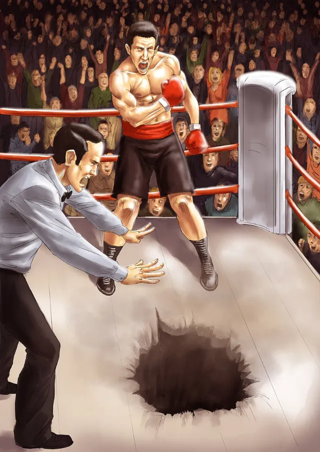 Cartoon of a boxer making a hole in the ring
