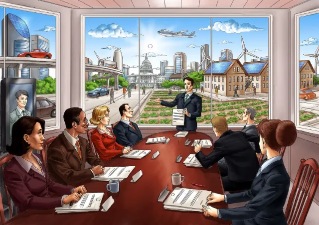 Cartoon storyboard of people in meeting
