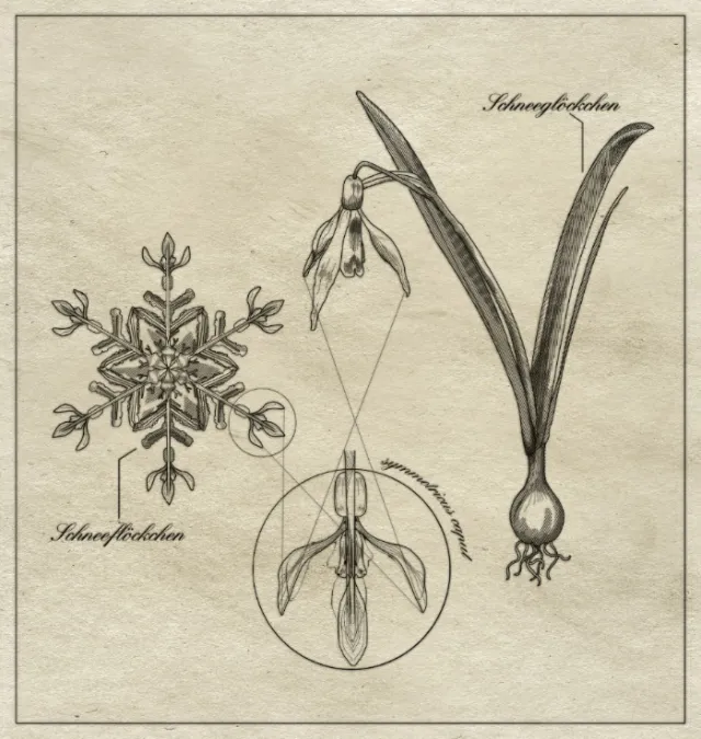 Vintage snowdrop flower and snowflake botanical illustration by Jessine Hein