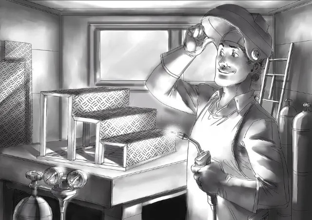 Technical storyboard of man welding
