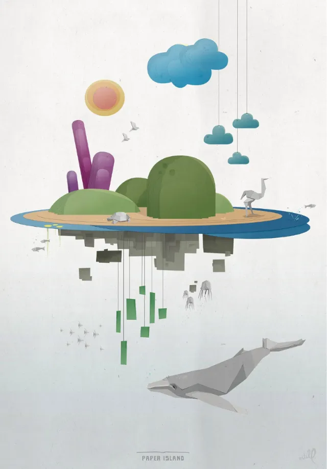 3d graphic of Island with whale around