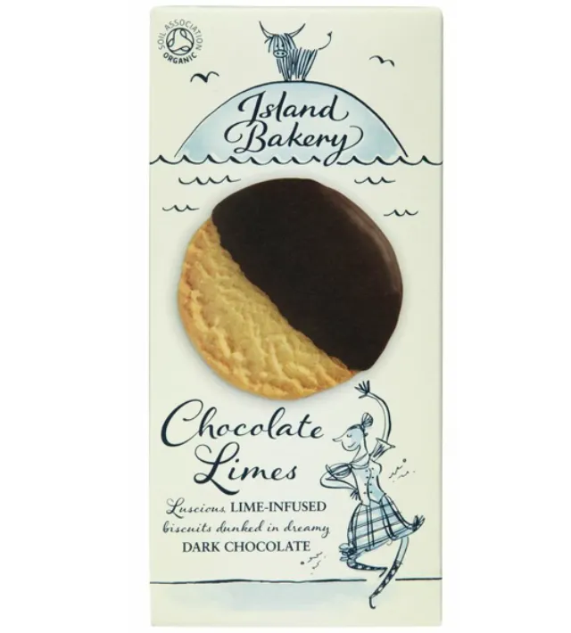 Island Bakery Chocolate Limes biscuit pack with whimsical design by Adam Larkum